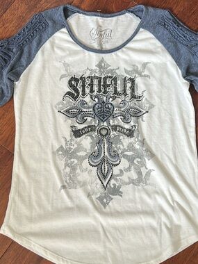 Sinful White and Blue Raglan Lace-Shoulder Graphic Long Sleeve Tee